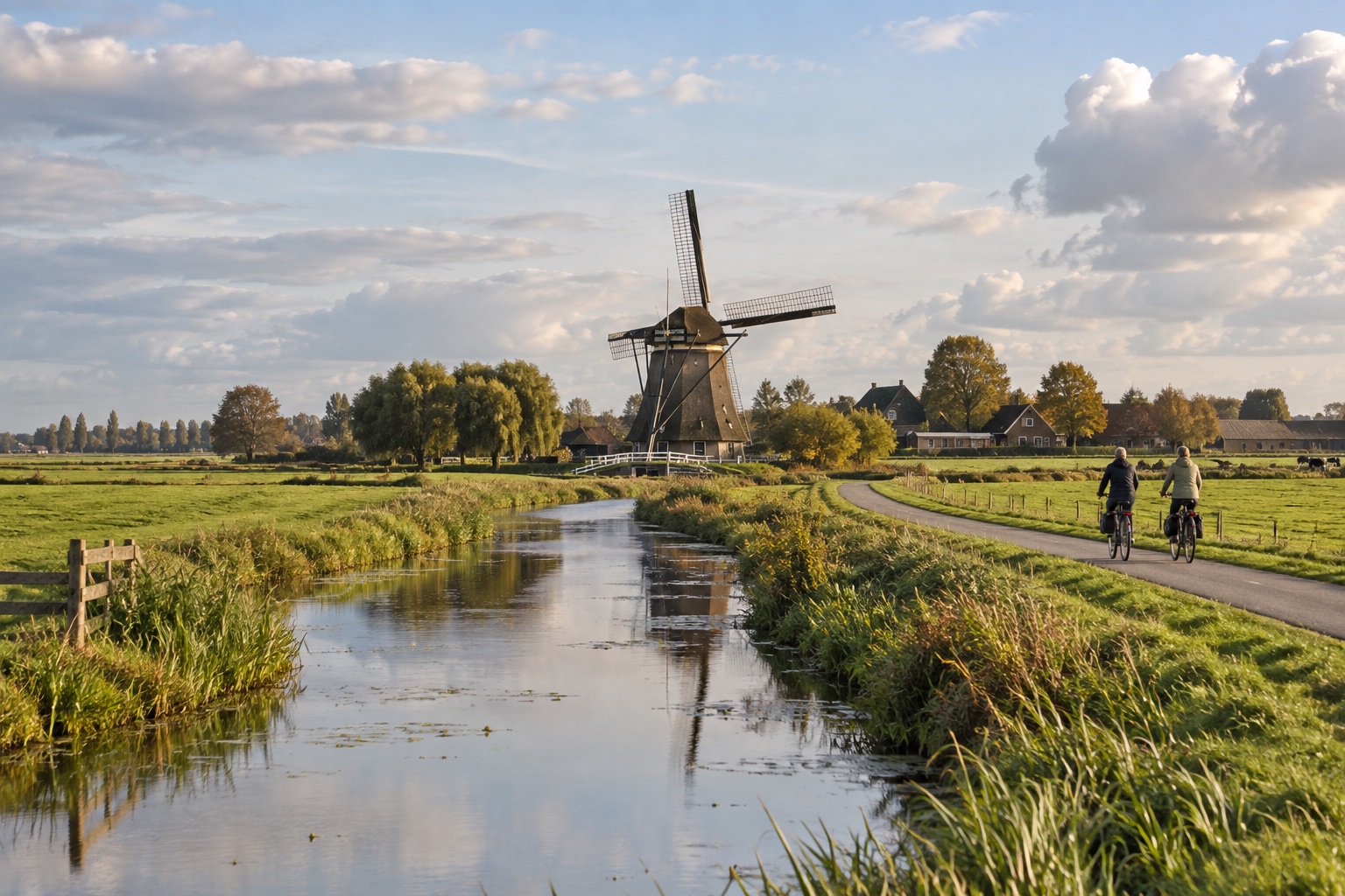 Een molen, fietsers en een watergang in het groene polderlandschap