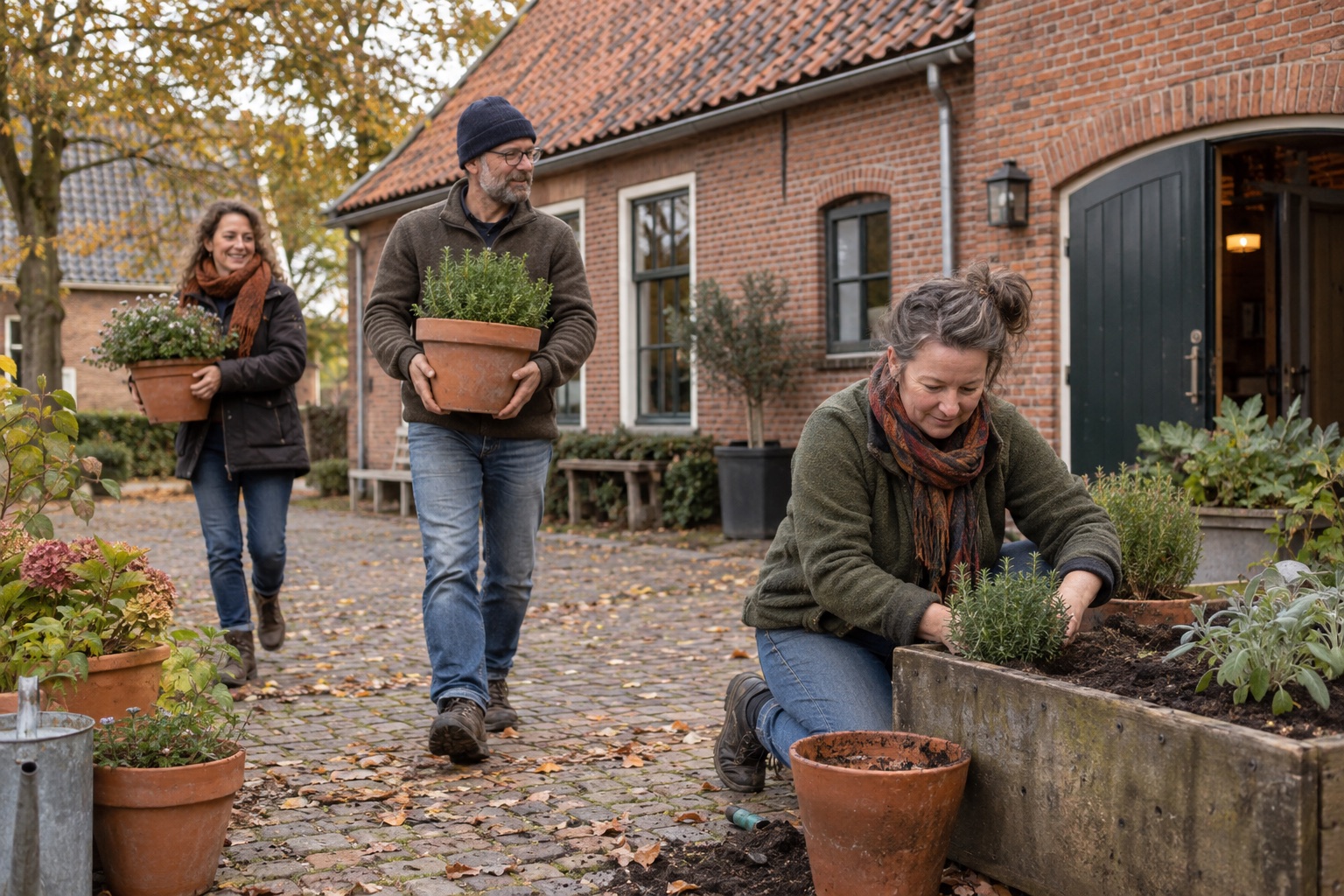 Drie vrijwilligers verzorgen de planten bij een buurthuis